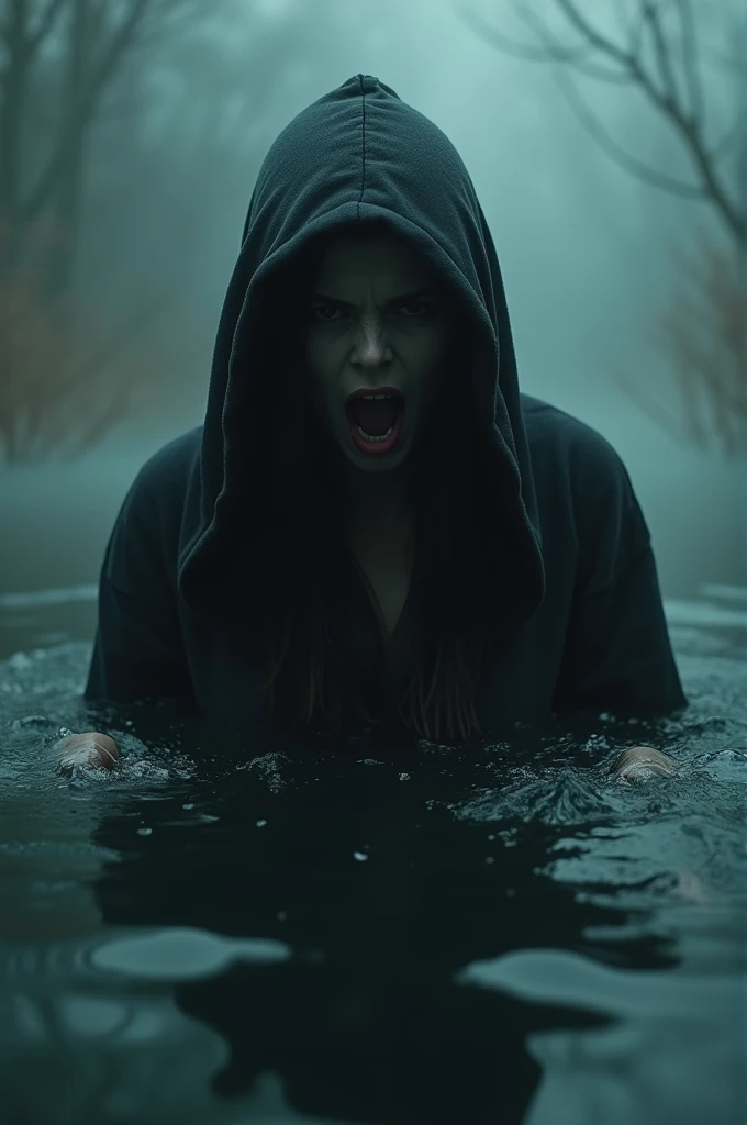 ((best quality)), ((masterpiece)), (detailed), Ghost Figure, behind the woman in the black hoodie who was drowning and screaming