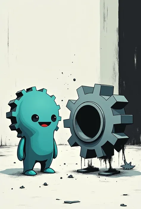 The image contains three colors, black, white and turquoise
The image has square dimensions 
In the imagination of a character, there is a gear wheel (head and body in the shape of a gear wheel with mouth and eyes) which is turquoise in color and is silent...