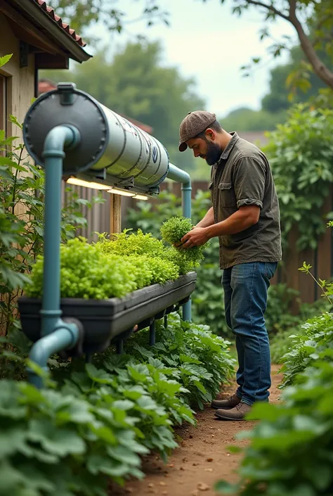 The farmer built a hydroponic system in his yard with pipe and pots