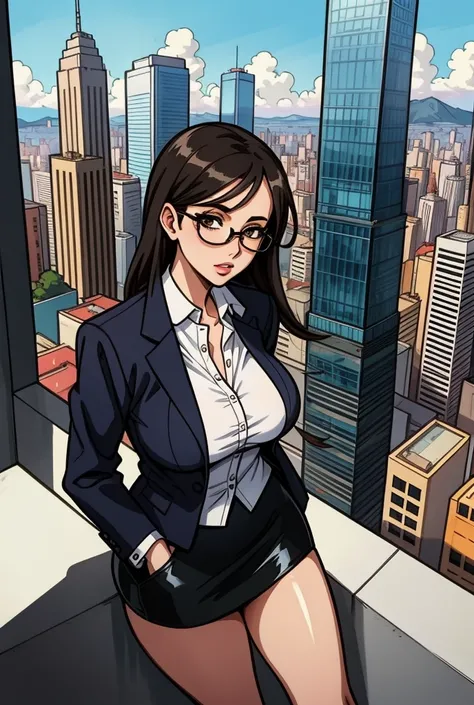 (masterpiece, best quality, ultra-detailed, intricate), view from front, cowboy shot, black hair, straight hair, brown eyes, giant breasts, sagging breasts, pawg, sexy, skinny figure, lashes, eyeliner, black glasses, (black blazer, black miniskirt, white b...