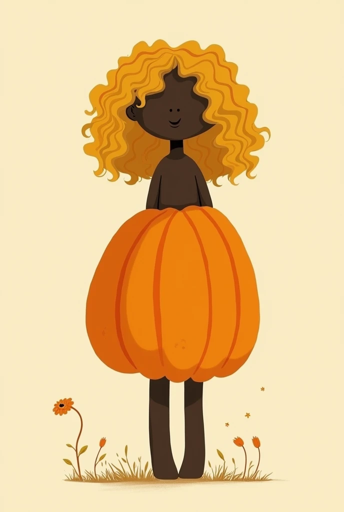 make a black girl out of curly and yellow hair, and with a very simple line, without many details and without face, using a pumpkin as clothing