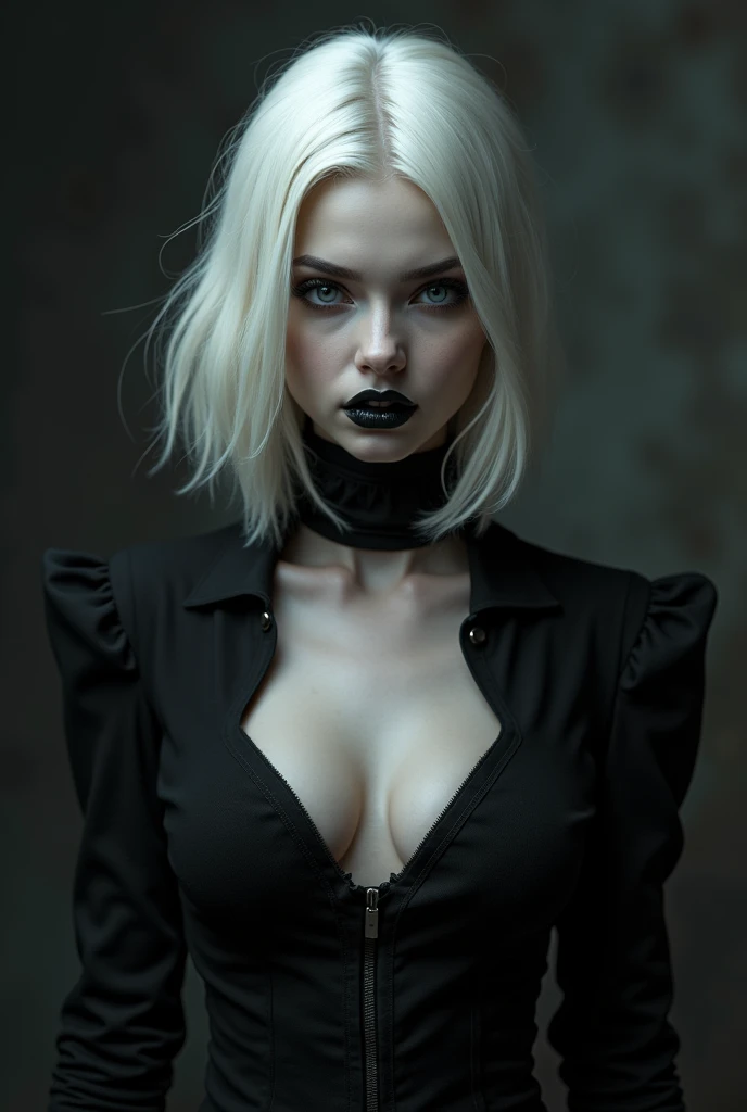 A beautiful, petite vampire with pale skin, almost white bronze hair, grey eyes, and a mysterious appearance. She is dressed in black and has scary fangs.