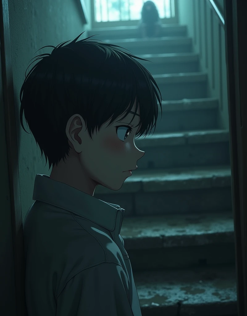 sad expression,behind the stairs,Natsume Takashi,children,yokai,obake,afraid,detailed face,high quality,hyperrealistic,intricate details,masterpiece,photorealistic,vibrant colors,natural lighting,cinematic composition,front pics,