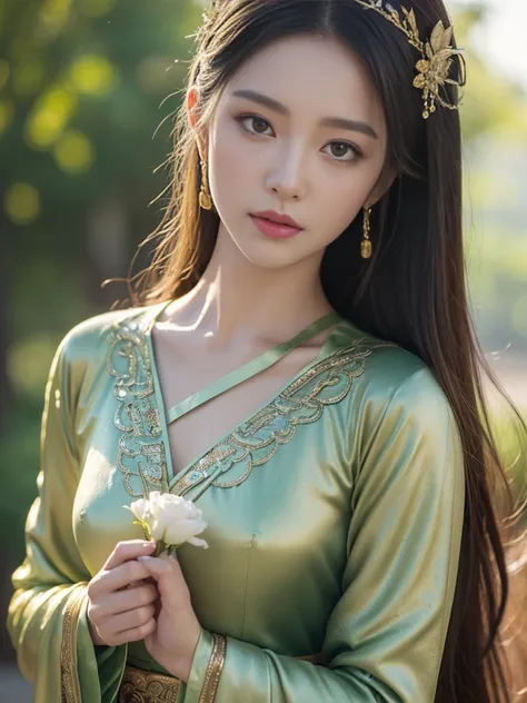 8k, best quality, Masterpiece, Ultra high resolution, (realism: 1.4), original photo, (realistic skin texture: 1.3), (Film texture: 1.3), (remote angle), Far away, can see the whole thing , 1 girl, goddess , Ancient Chinese fairy costume, Beautiful eyes an...