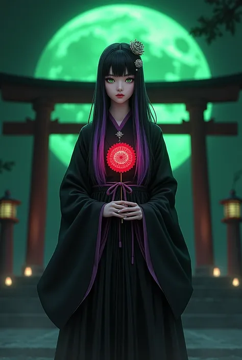 Long, straight, black hair with a purple gradation from the ends.。M-shaped cut bangs。Her long hair, which reaches the ground, is tied up with a silver hairpin in the shape of a chrysanthemum.。Snake-like eyes。Long, cool, deep green eyes。A beautiful woman of...