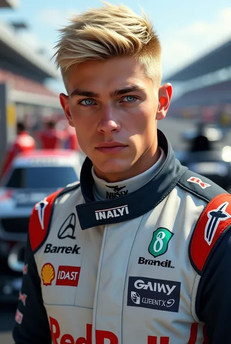 Italian Formula One driver, blonde hair and blue eyes, shorth hair, Youngh, masculine 