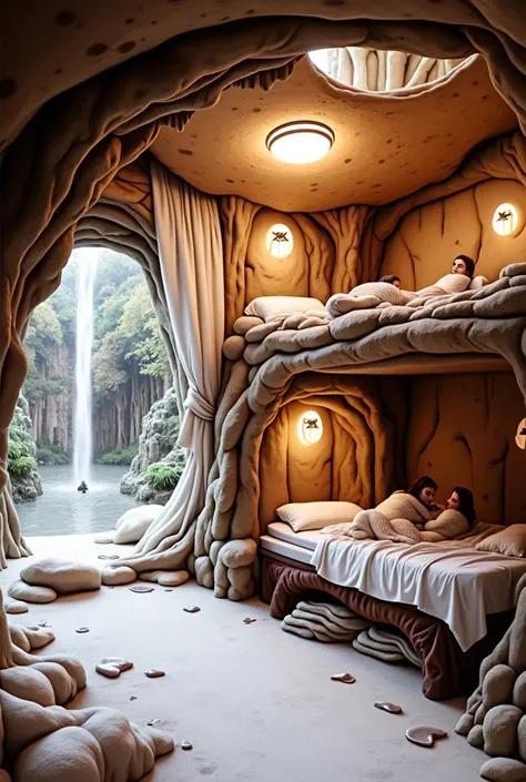 A large room with cave-themed beds and a bunk bed