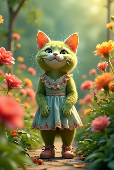 realistic vibrant 4k rendering  The garden in full bloom, with a green strawberry colour cat standing proudly in her dress and shoes. Her face shows joy and satisfaction as she looks at the vibrant flowers around her.