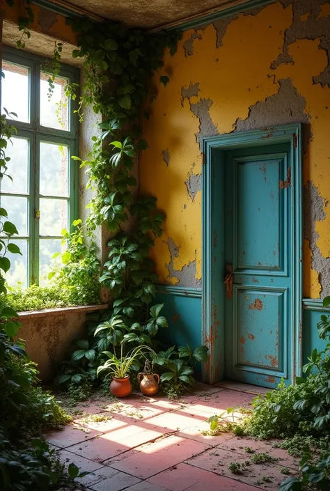 colorful room in yellow colors, rot, green and blue 
