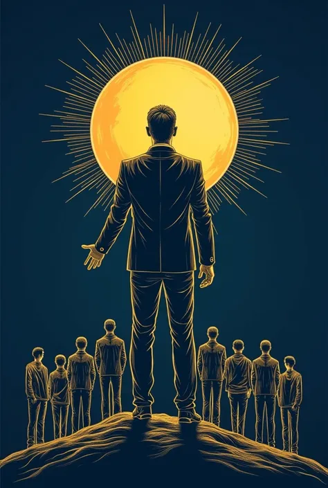 Create an elegant and detailed Line Art image of a man standing as a leader. The man should be in a leadership pose, standing tall with one hand extended forward, as if guiding or inspiring a group of people who are gathered around him. Use fine, continuou...