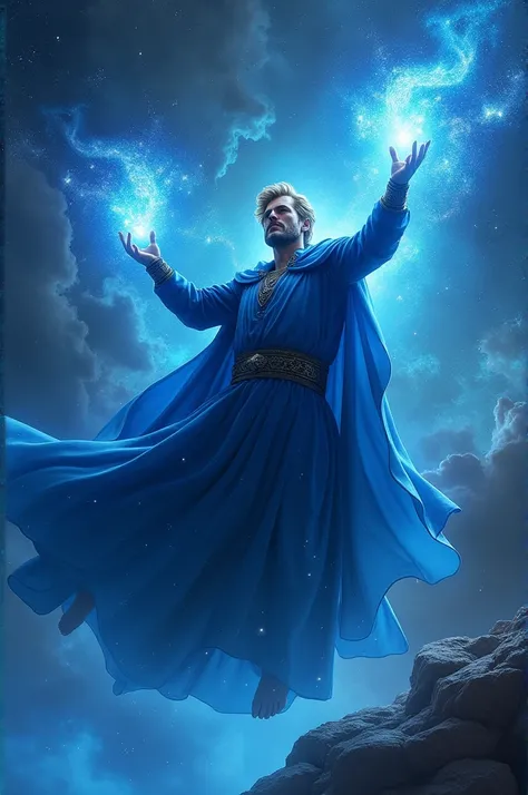 Blonde man with blue magic flying in the universe wearing a giant blue cloak 