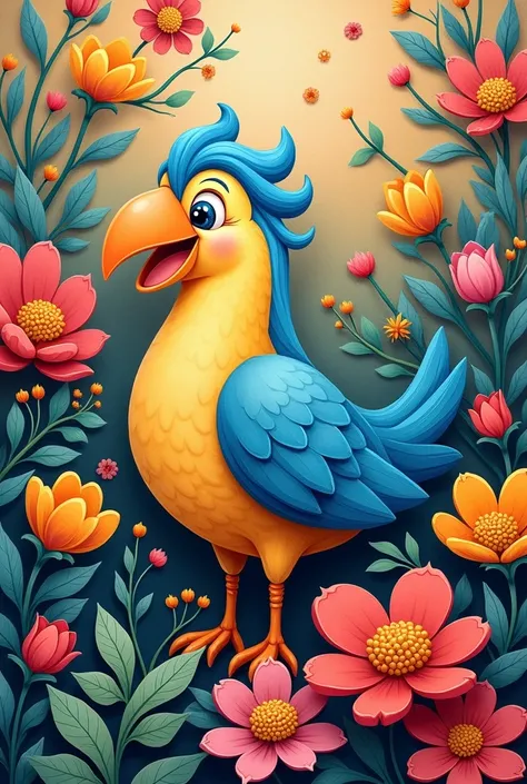 Mural with bird cartoon illustration and flowers, decorative style 