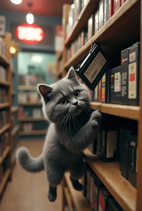 gray cat throwing a vhs movie off the cabinet in a video store