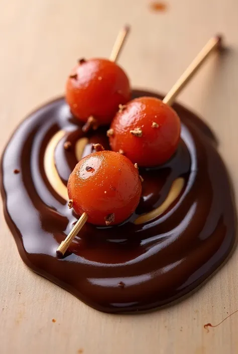 A picture of Tanghulu coated in chocolate sauce