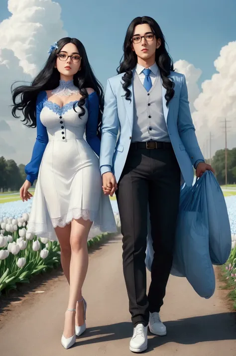 Want a cartoon image of a young couple, a beautiful woman, good figure, very long black hair, wavy hair reaching down to the legs, to the thighs, big eyes, sharp face, big breasts, wearing thin-rimmed glasses, wearing a sweet blue lace dress with a collar,...