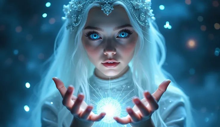 A majestic female guardian from a higher dimension, close-up portrait, glowing ethereal features, radiant light surrounding her, striking light blue eyes, cosmic background with stars and swirling galaxies, mystical and divine atmosphere, offering guidance...