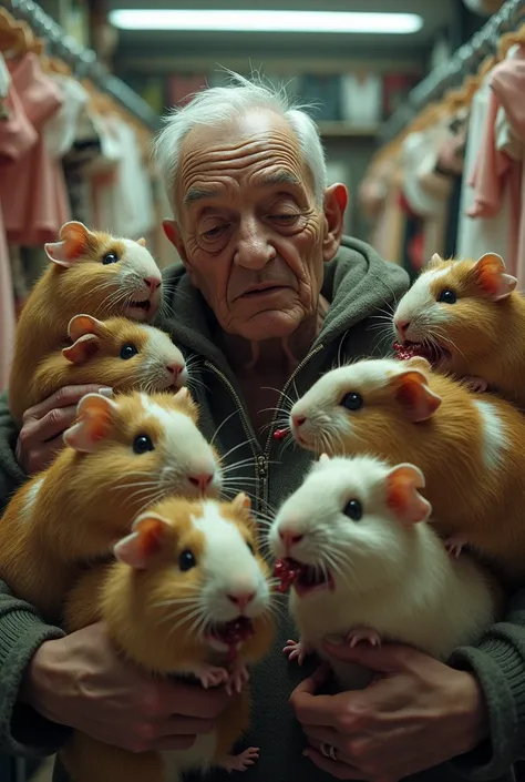 A group of bloodthirsty guinea pigs cuddle an old man, who has no fingernails. Worms crawl out of guinea pigs’ mouths. The scenario takes place in a women&#39;s underwear store.