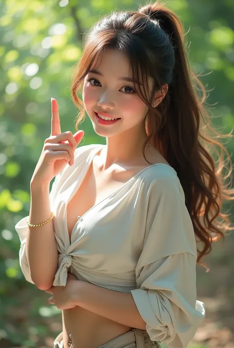 Gal　long hair　ponytail　Brown Hair　Belly button piercing　Beauty Jobs　Japanese　smile　Pointing index finger　whole body　Real Image