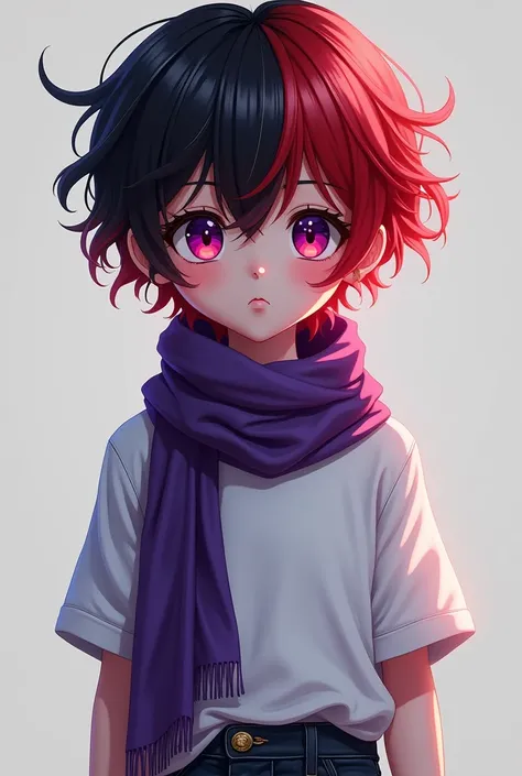 A boy with red and black hair，Wearing a purple scarf，white shirt，ripped jeans，Purple and red pupils