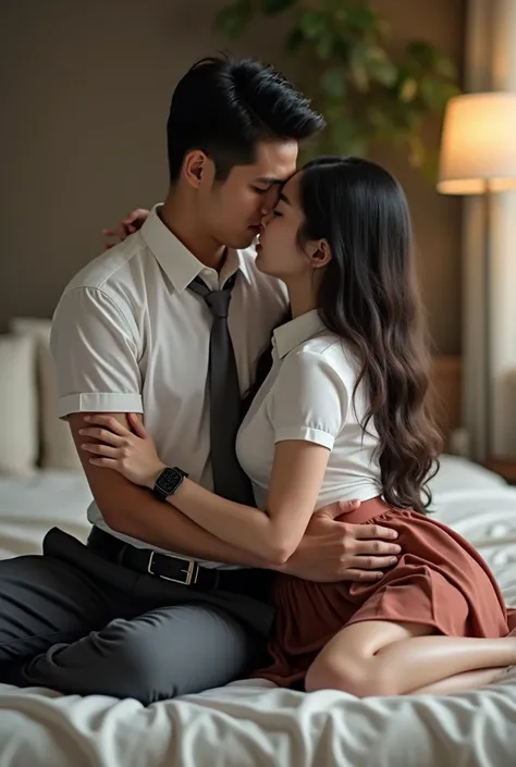 (photorealism:1.1), romantic couple. (((1 British man and 1 Indonesian woman))). in Indonesian high school uniform with white top and gray bottoms, black belt, black wacth, blank gray tie, (((man wears trousers, woman wears mini skirt))), hug on the bed