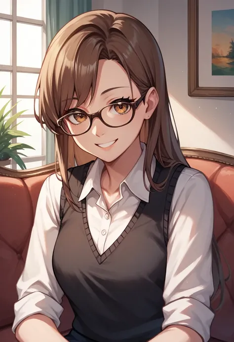 score_9, score_8_up, score_7_up, score_6_up, score_5_up, score_4_up, source_anime, masterpiece, 1girl,lora:amber1-000008:1>, amber5star, upper body, smile, brown hair, long hair, brown eyes, glasses, white blouse, black vest, looking at the viewer, sofa, s...