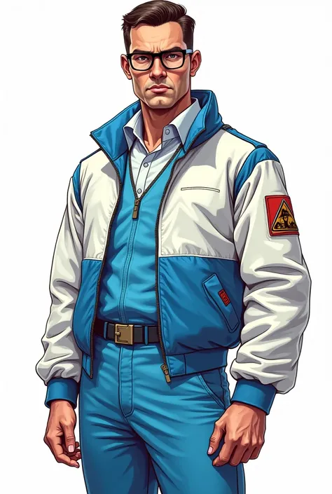 drawning, bright coloured, naughty man, age 38, Seriously, Average height, 70 kilos, square hair, glasses, white and blue aviation pilot clothes, Apocalypse theme, fully body, white background 