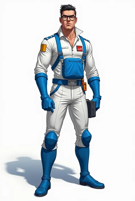 drawning, bright coloured, naughty man, age 38, Seriously, Average height, 70 kilos, square hair, glasses, white and blue airplane pilot clothes, Apocalypse theme, fully body, white background 