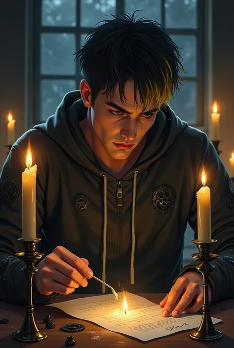 Dark-haired man with short blonde hair and black gears,Goth,loose sweatshirt clothes,candles,with a letter in hand burning the candle