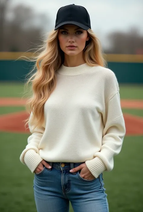 vue de face dune femme magnifique à la chevelure blonde, yeux marron, Portant une casquette noir, debout, sur un terrain de baseball, portant un jean slim et un pull en laine blanc
