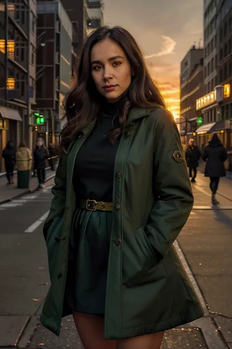 a one woman, wearing a dark green coat, on the streets of Manhattan, with the golden hue of the sunset behind her. (best qualityer,4K,fot), detailed coat, busy urban atmosphere, swirly vibrant colors, Luz da noite