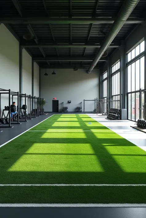 large weight room without machines with half of the floor made of synthetic grass as if it were a track without people or plants less machines more body strength equipment 