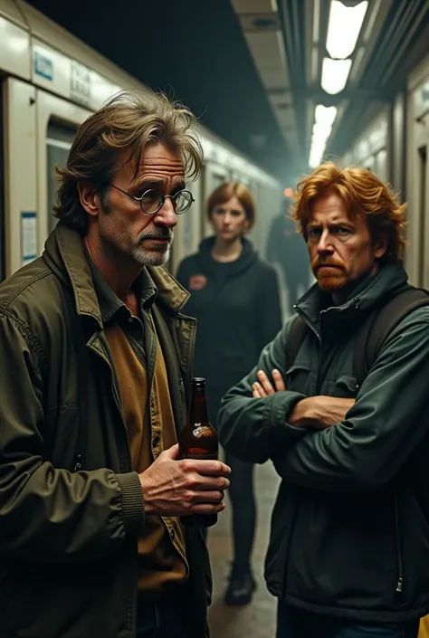 Harry Potter in the mid life crisis with Ron Weasley in the subway and bottle of beer in his hand, Hermione Granger looking disdainfully in the background