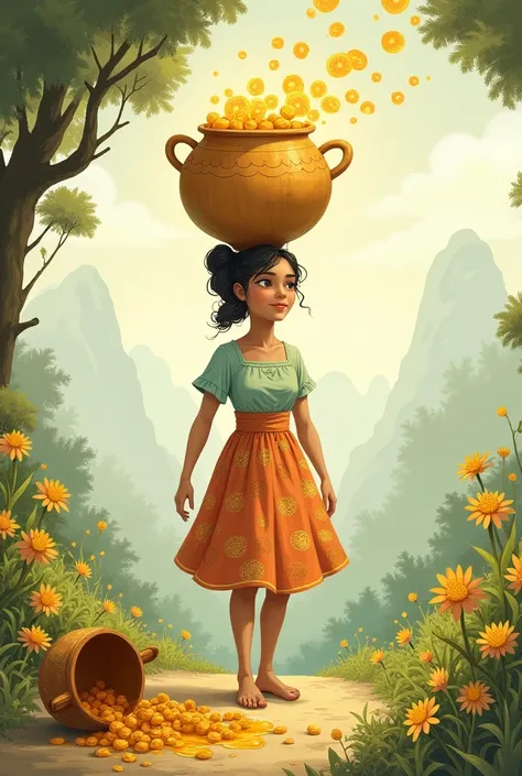 To illustrate this story, I would recommend you a drawing of Mrs. Truhana walking with the pot of honey on her head, looking up with a dreamy expression, imagining their future assets (eggs, chickens, sheep). Around it, You could add little bubbles or clou...