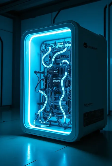 Futuristic box with cables with blue neon lights