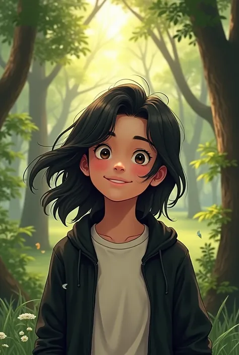 Boy with long black hair in white t-shirt and black jacket smiling in a forest 