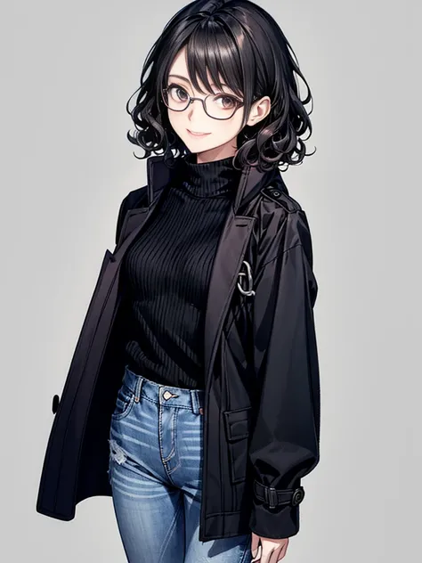 1 female, 30-year-old, alone, thin, slender, small breasts!!!, short hair, curly hair, thin, slender, (((glasses))), duffle coat and long-sleeved black sweater, Open jacket, jeans, Half Smile, Are standing, art, Colored pencil drawing, draft, White backgro...