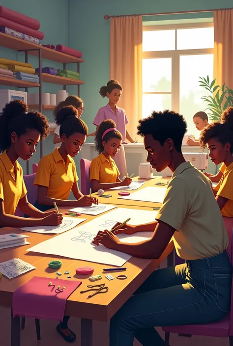 

"A vibrant classroom scene at Nipcin Academy, filled with eager Nigeria students learning various crafts and skills. The students are spread across the room, focusing on tasks like sewing, sketching, and cutting fabric. At the center, the Nigeria boss of...