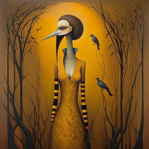 Oil painting, styled by Leonora Carrington, Michael Parkes, Esao Andrews, and Dave McKean, A woman with long, straight brown hair styled in a natural style. She is wearing a bright yellow-orange patterned dress with striped sleeves that accentuate her figu...