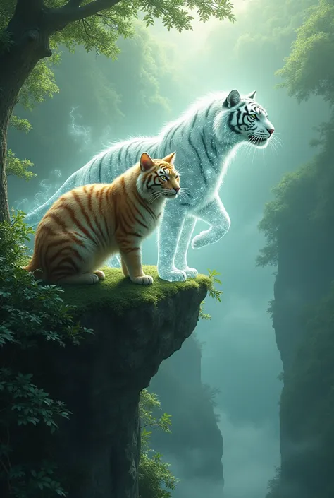 masterpiece, Highest quality, High resolution, Every detail、 Fantasy、Transparent tiger spirit behind the cat、Guardian spirit、Synced with the cat、overlooking the forest、cliff