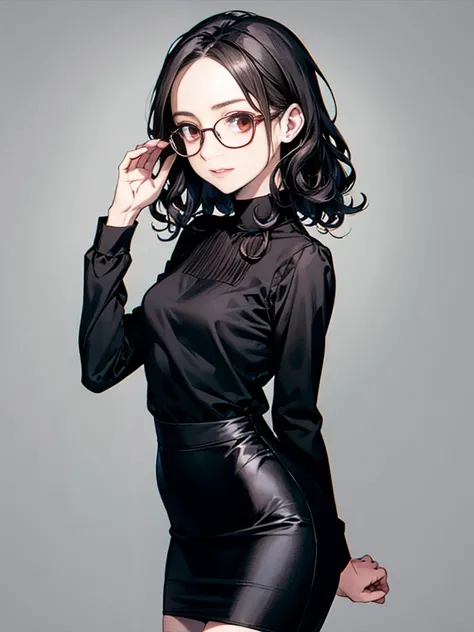 1 female, 30-year-old, alone, thin, slender, small breasts!!!, Loose curly hair, Bedhead, Forehead, thin, slender, (((glasses))), long sleeve blouse, sexy pencil skirt, Are standing, art, Colored pencil drawing, draft, White background, portrait