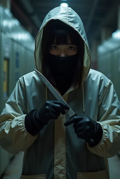 korean girl, (behind stiff, black balaclava mask), holding knife, stabbing, black leather gloves, in the warehouse, transparent raincoat, hood up, holding knife, leather gloves, behind cadaver, looking at viewer, blood splatter, night, mass murderer, kille...