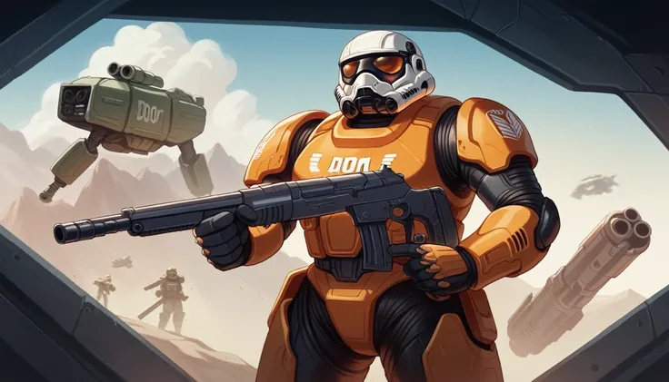 there is a woman holding a gun in front of a spaceship, hyperrealistic fantasy art, doom eternal, female stormtrooper, heaven planet in background, inspired by Jan Victors, in foreground boy with shotgun, orianna, grey orange, dune (2021) --ar 16:9 --v 5.1