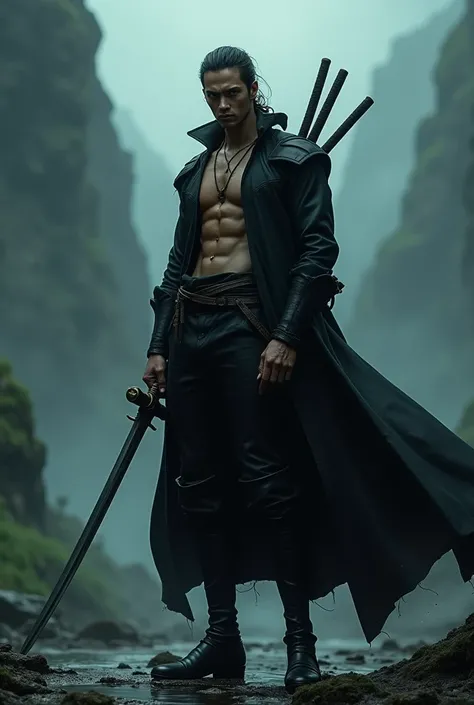 Roronoa zoro、Three Swords , Realistic, Very detailed, Cinematic, Dramatic lighting, Gloomy atmosphere, Realistic environment, amazing, Mysterious, Pretentious, masterpiece、Aura of
