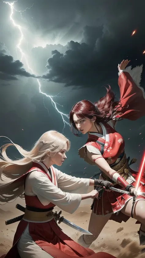 Two women are fighting with swords on a ruined land., drifting fast. one woman wearing red traditional Japanese clothing, and one woman wearing white traditional Japanese clothing, lightning flashes emerge from realistic sword swipes