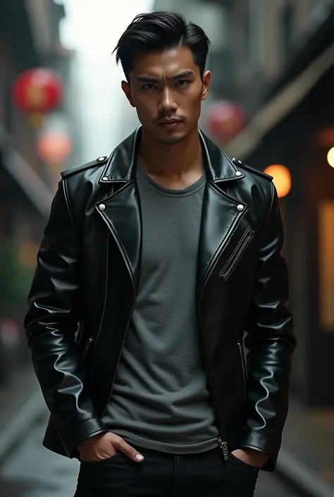 Asian man in leather jacket, gray inner t-shirt, black jeans, style a triad member, black hair and cynical smile 