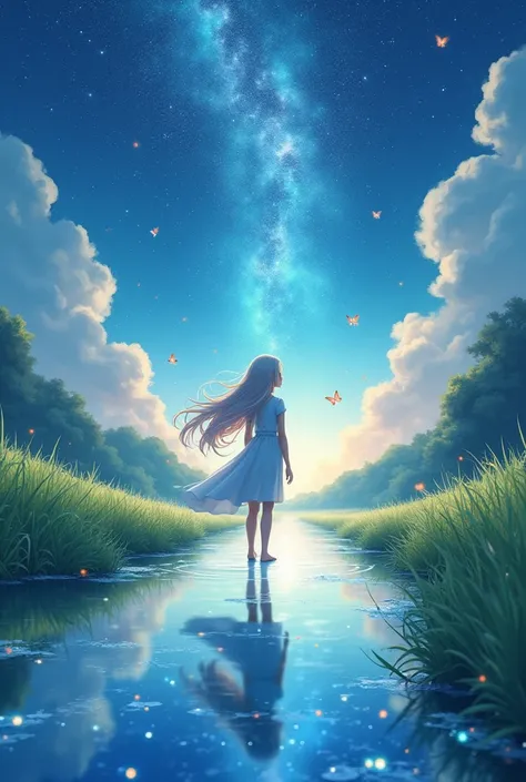 Here’s a refined idea:

An AI-generated anime painting featuring a cute girl character standing gracefully in the middle of a magical, glowing, sparkling river. Her long, flowing hair glows with soft streaks of silver, gently swaying with the breeze, while...