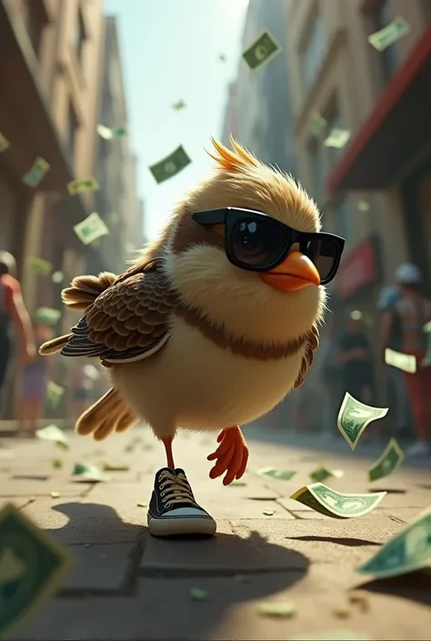 Create me a Runaway Sparrow, He wears sneakers and sunglasses, He is running away with a bag of money and the notes are flying as he runs from the police., This sparrow has a lot of style, I don&#39;t want anything cute