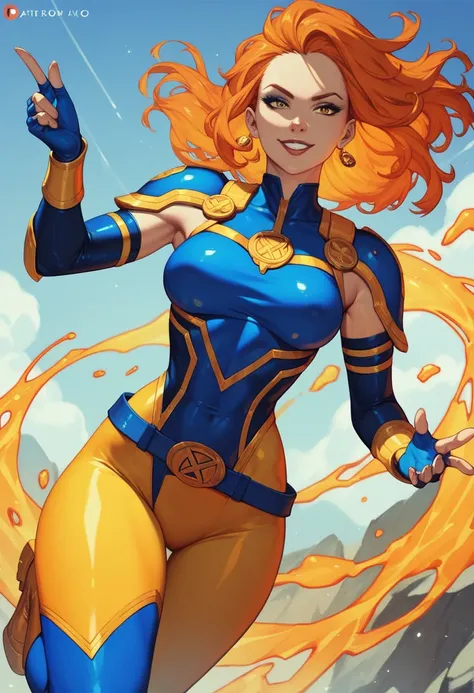 1girl, beautiful, slim, blue balaclava, orange hair, blue bodysuit and yellow, blue shoulder pads, blue fingerless gloves, yellow armpits, blue belt, yellow leggings, yellow high boots, marvel