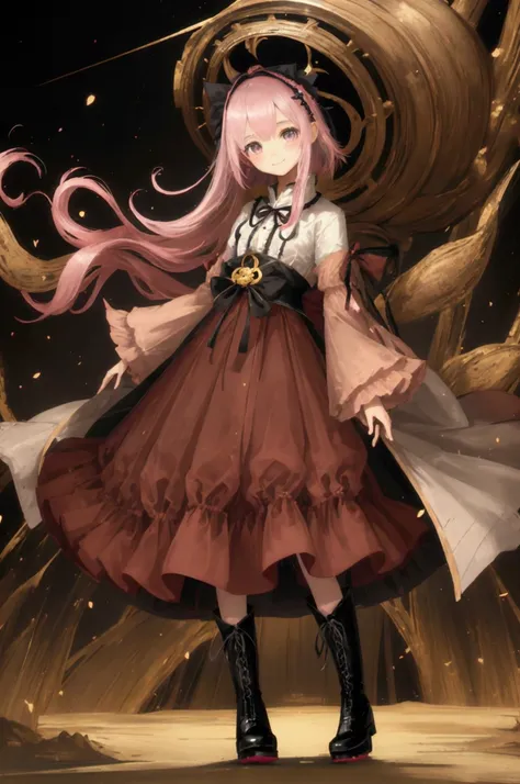 、beautiful girl、とてもcute天使、Pink Gothic Dress、cute、Baby Face、smile、Long skirt、Black long boots、
