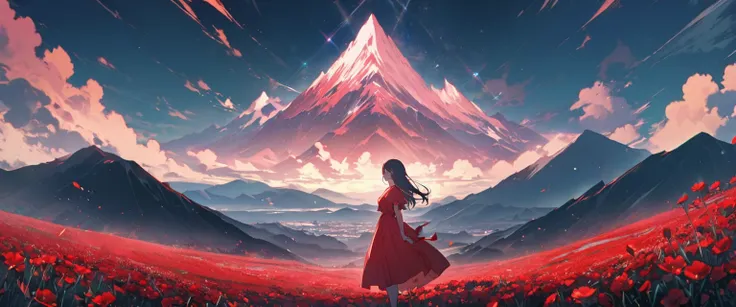 A girl wearing a pastel red dress, standing in a field full of beautiful red flowers, looking at a vast mountain from a distance.